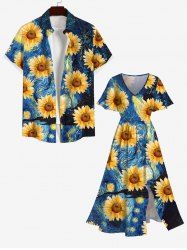 Oil Painting Sunflowers Sea Swirls Print Plus Size Matching Hawaii Beach Outfit For Couples -  