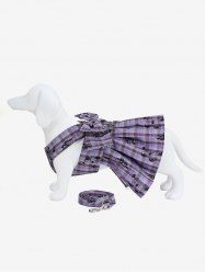 Pet's Butterfly Plaid Print Ruffles Bowknot Tied Dress with Leash -  