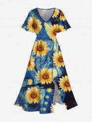 Plus Size Oil Painting Sunflowers Sea Swirls Print Split Hawaii Midi Dress -  