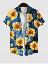 Plus Size Oil Painting Sunflowers Sea Swirls Print Buttons Pocket Hawaii Shirt For Men -  