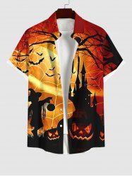 Plus Size Halloween Spider Web Bat Pumpkin Castle Wizard Print Buttons Pocket Shirt For Men -  
