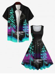 Tree Sea Moon Star Print Plus Size Matching Hawaii Beach Outfit For Couples -  