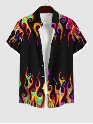 Chemise D'Halloween Boutonnée Colorée Flamme Imprimée de Grande Taille avec Poche - Noir L