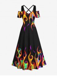 Plus Size Cold Shoulder Colorful Fire Flame Print Halloween Costume Crisscross A Line Maxi Dress -  