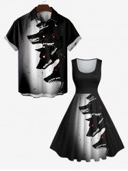 Ensemble Grande Taille Imprimé Costume de Loup D'Halloween pour Couples - Noir 