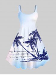 Plus Size Hand Painted Coconut Tree Sun Sea Sailboat Print Hawaii Tank Dress -  