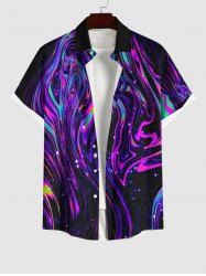 Plus Size Glitter Colorful Fluid Galaxy Psychedelic Waves Print Hawaii Button Pocket Shirt For Men -  