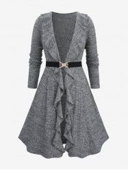 Plus Size Ruffles Ruched Marled Tied Knitted Long Sleeves Cardigan -  