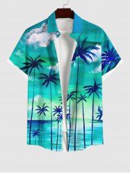 Plus Size Coconut Tree Cloud Sea Ombre Sky Print Buttons Pocket Hawaii Shirt For Men -  