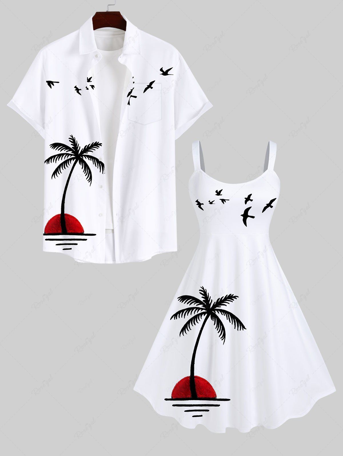 Best Coconut Tree Sun Sea Bird Print Plus Size Matching Hawaii Beach Outfit For Couples  