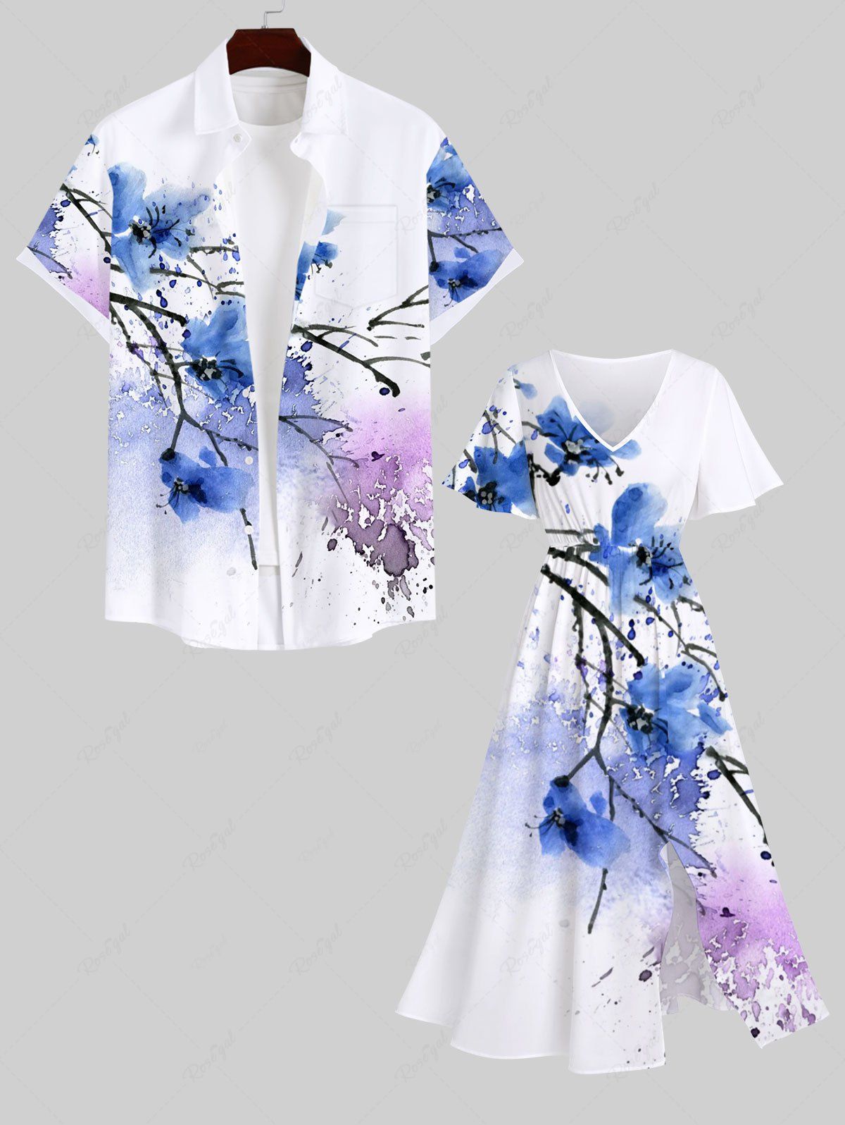 Unique Tie Dye Paint Splatter Branch Flowers Print Plus Size Matching Hawaii Beach Outfit For Couples  