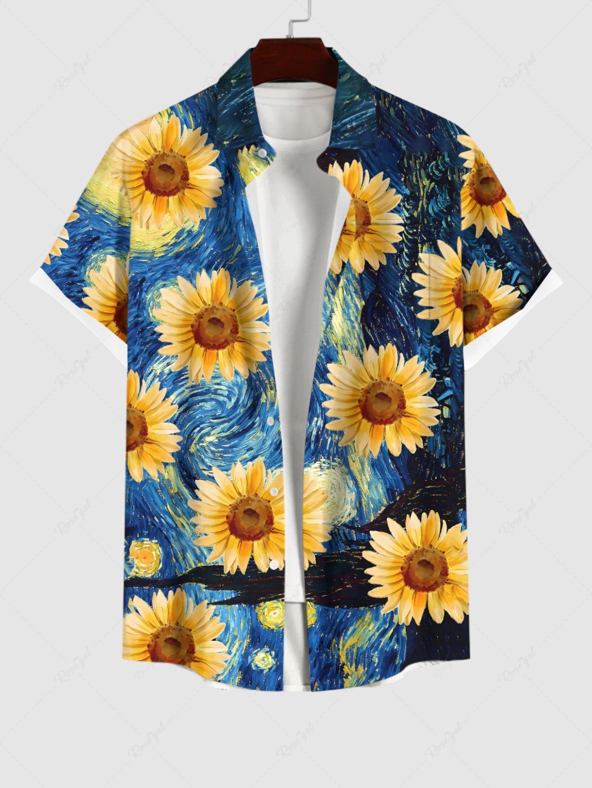 Trendy Plus Size Oil Painting Sunflowers Sea Swirls Print Buttons Pocket Hawaii Shirt For Men  