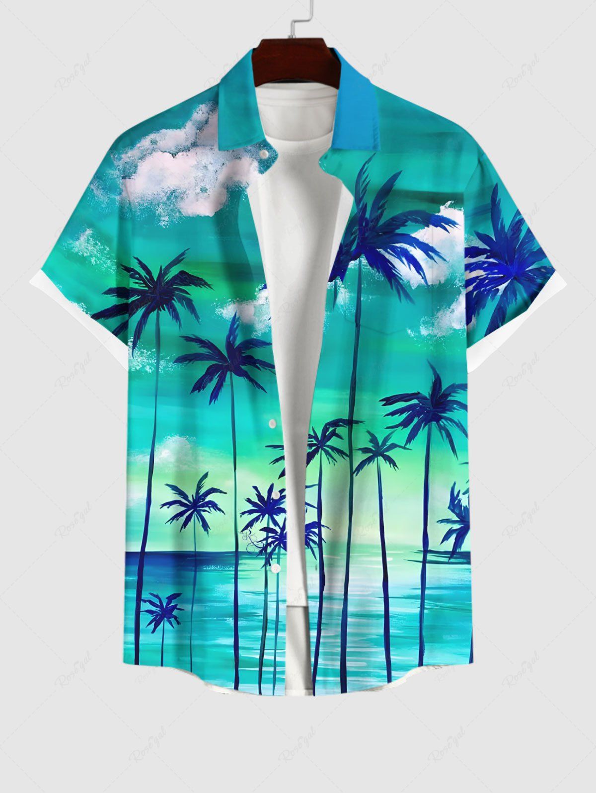 Shops Plus Size Coconut Tree Cloud Sea Ombre Sky Print Buttons Pocket Hawaii Shirt For Men  