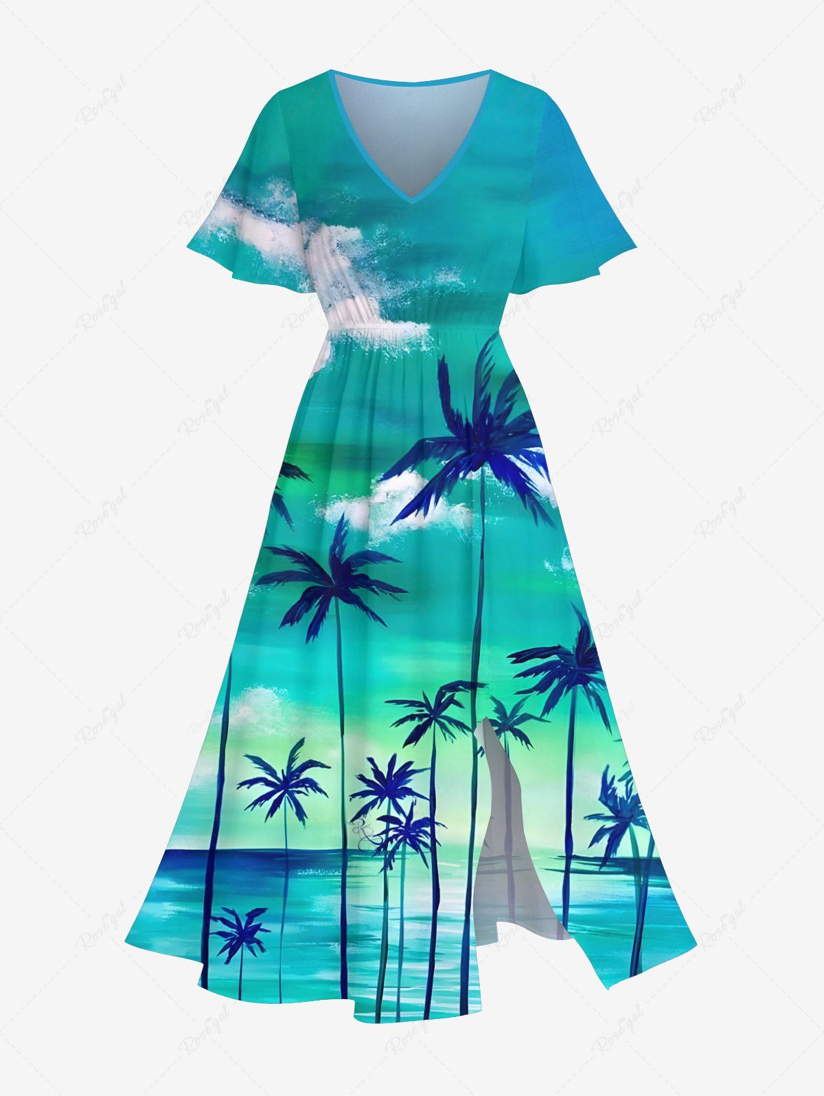 Fashion Plus Size Coconut Tree Cloud Sea Ombre Sky Print Split Hawaii Midi Dress  