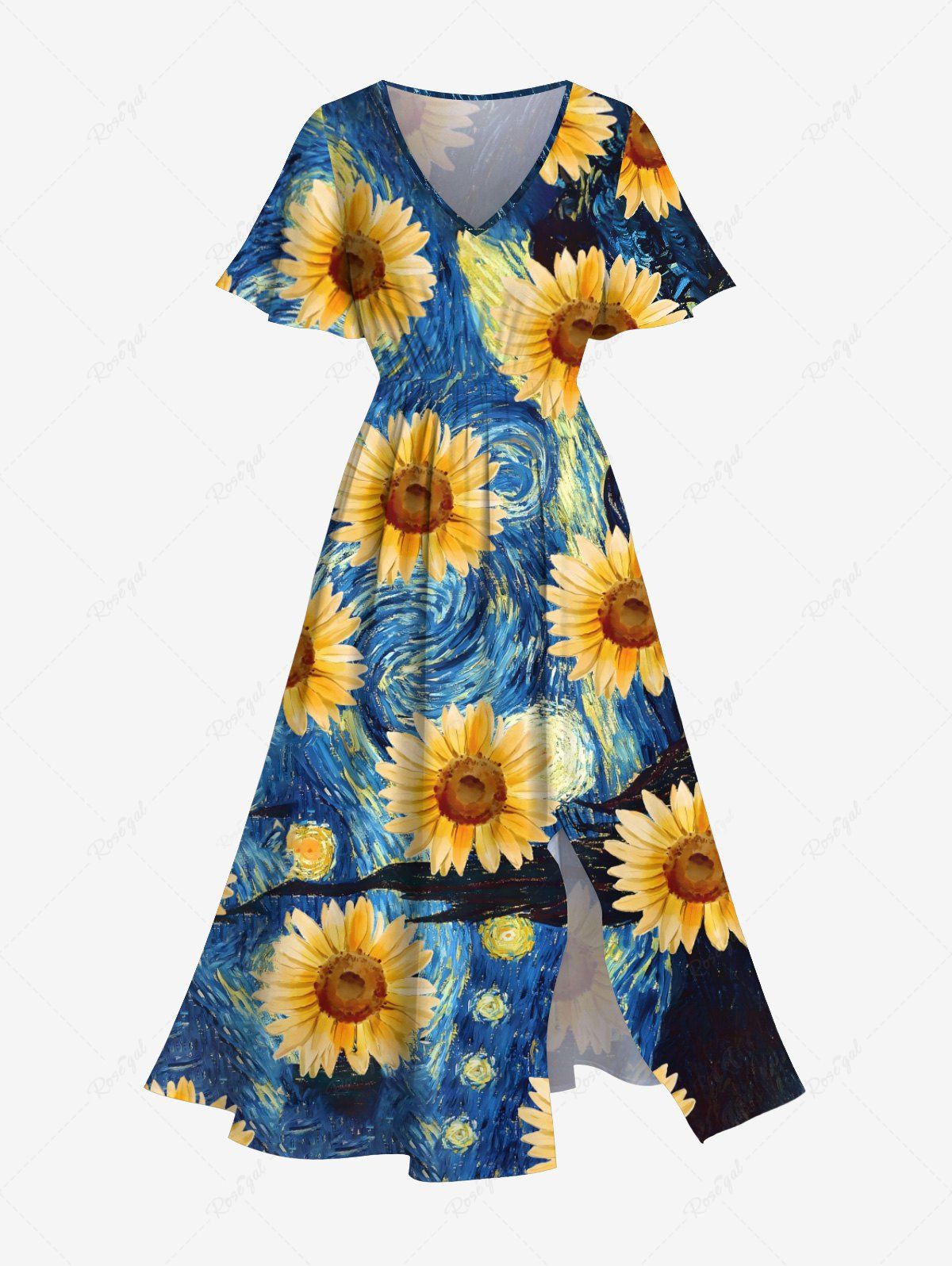 Latest Plus Size Oil Painting Sunflowers Sea Swirls Print Split Hawaii Midi Dress  