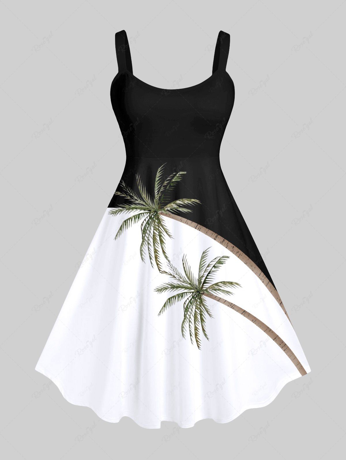 Unique Plus Size Coconut Tree Colorblock Print Hawaii Tank Dress  