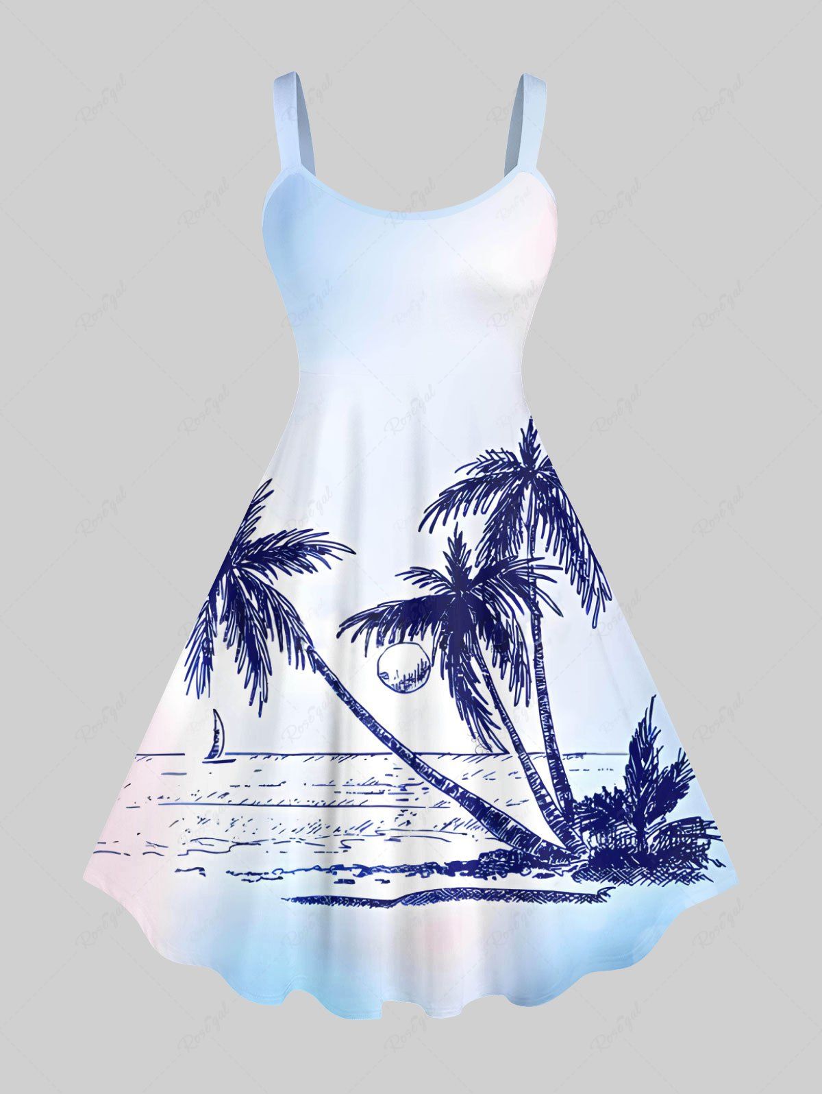 Unique Plus Size Hand Painted Coconut Tree Sun Sea Sailboat Print Hawaii Tank Dress  