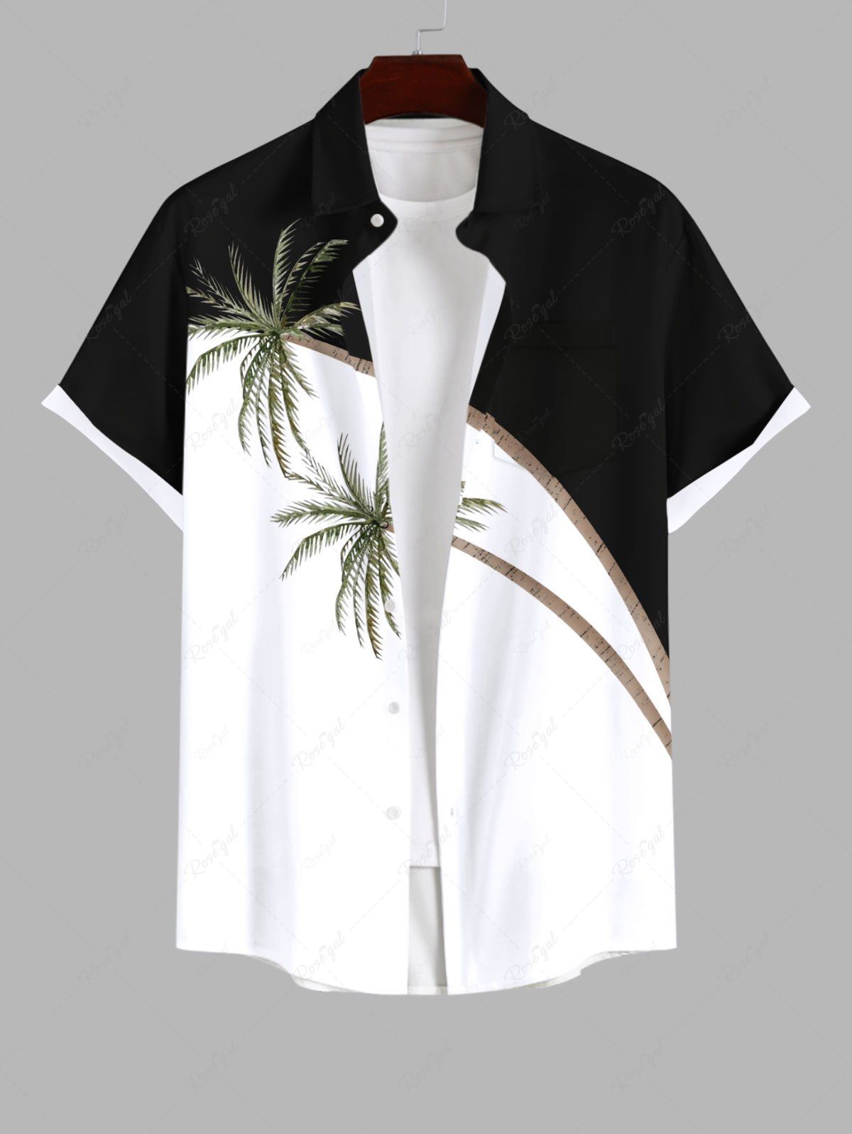 Store Plus Size Coconut Tree Colorblock Print Buttons Pocket Hawaii Shirt For Men  