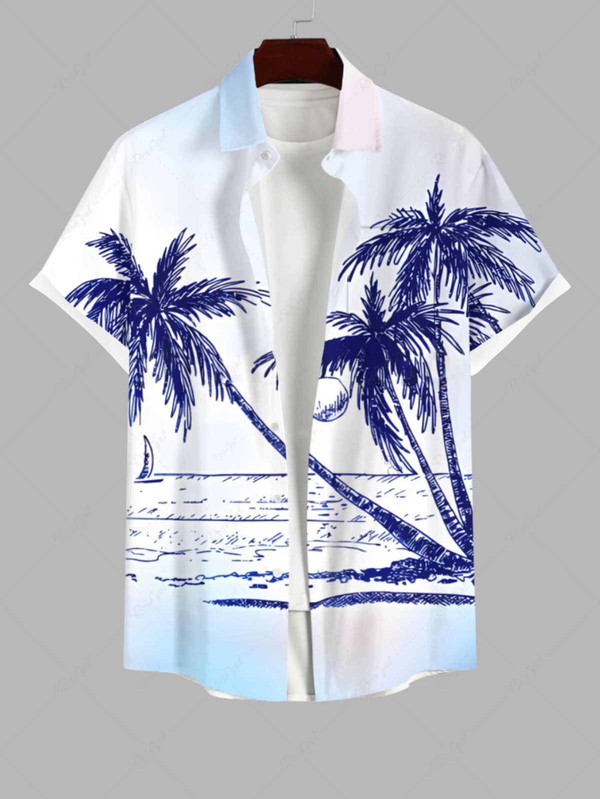 Cheap Plus Size Hand Painted Coconut Tree Sun Sea Print Buttons Pocket Hawaii Shirt For Men  