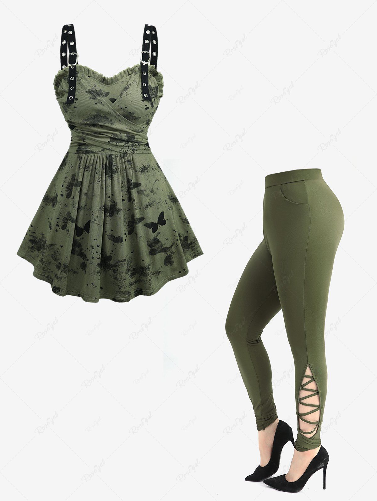Sale Butterfly Ink Painting Print Surplice Ruffles Tank Top and Hollow Out Crisscross Side Solid Skinny Leggings Plus Size Summer Outfit  