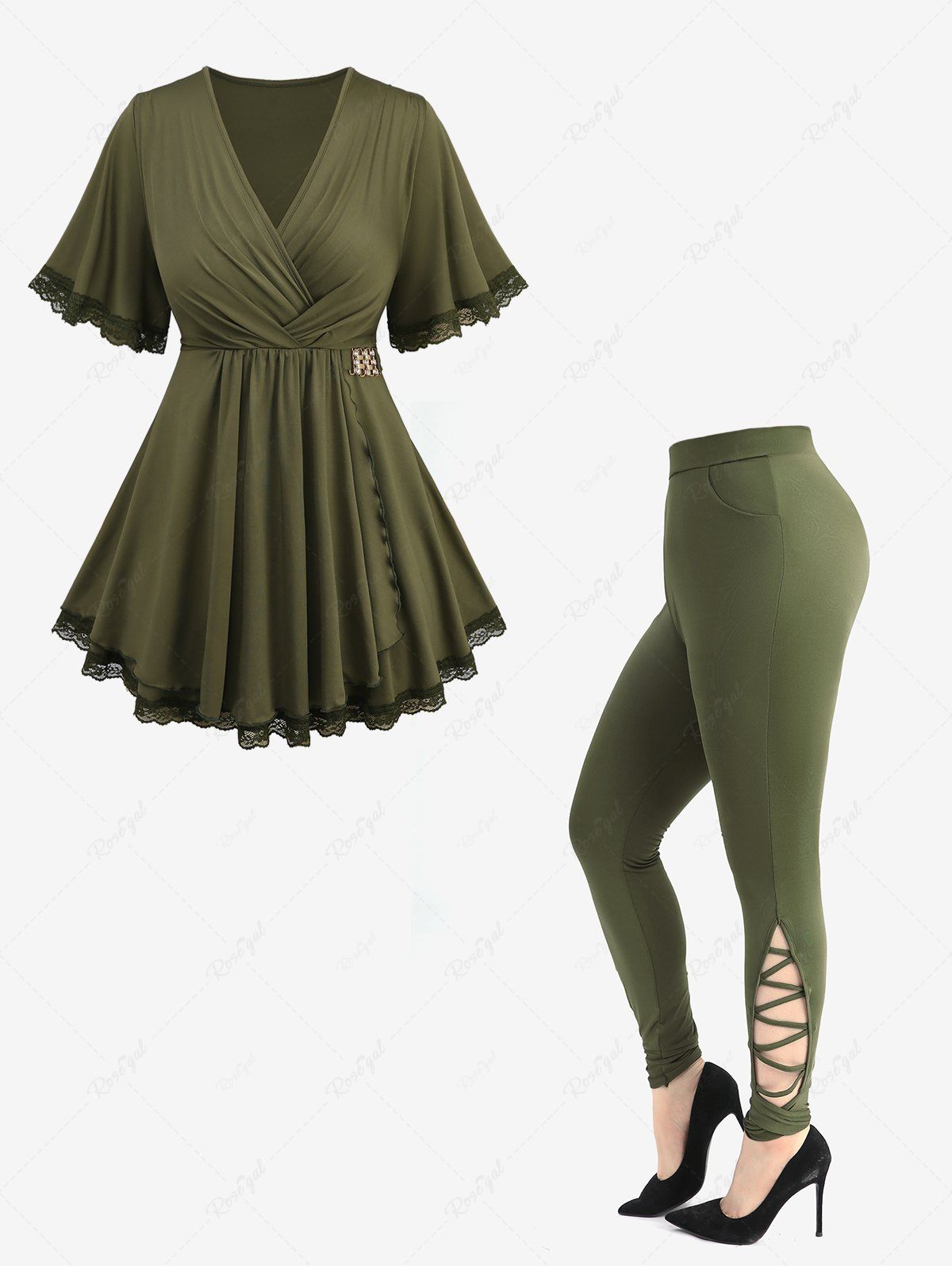 Shops Lace Trim Surplice Ruffles Asymmetrical Tee and Hollow Out Crisscross Side Solid Skinny Leggings Plus Size Summer Outfit  