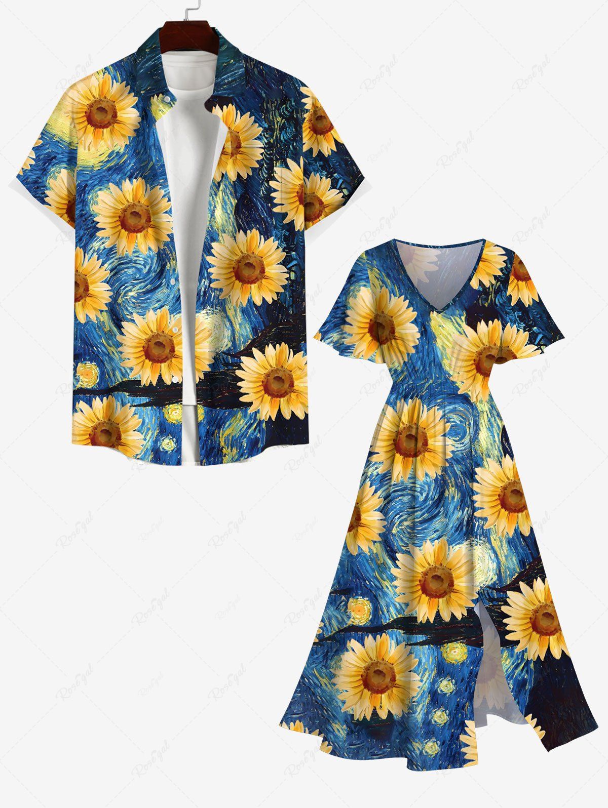Latest Oil Painting Sunflowers Sea Swirls Print Plus Size Matching Hawaii Beach Outfit For Couples  