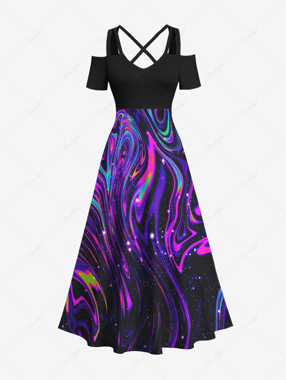 Outfits Plus Size Cold Shoulder Glitter Colorful Fluid Galaxy Psychedelic Waves Printed Hawaii Crisscross A Line Maxi Dress  