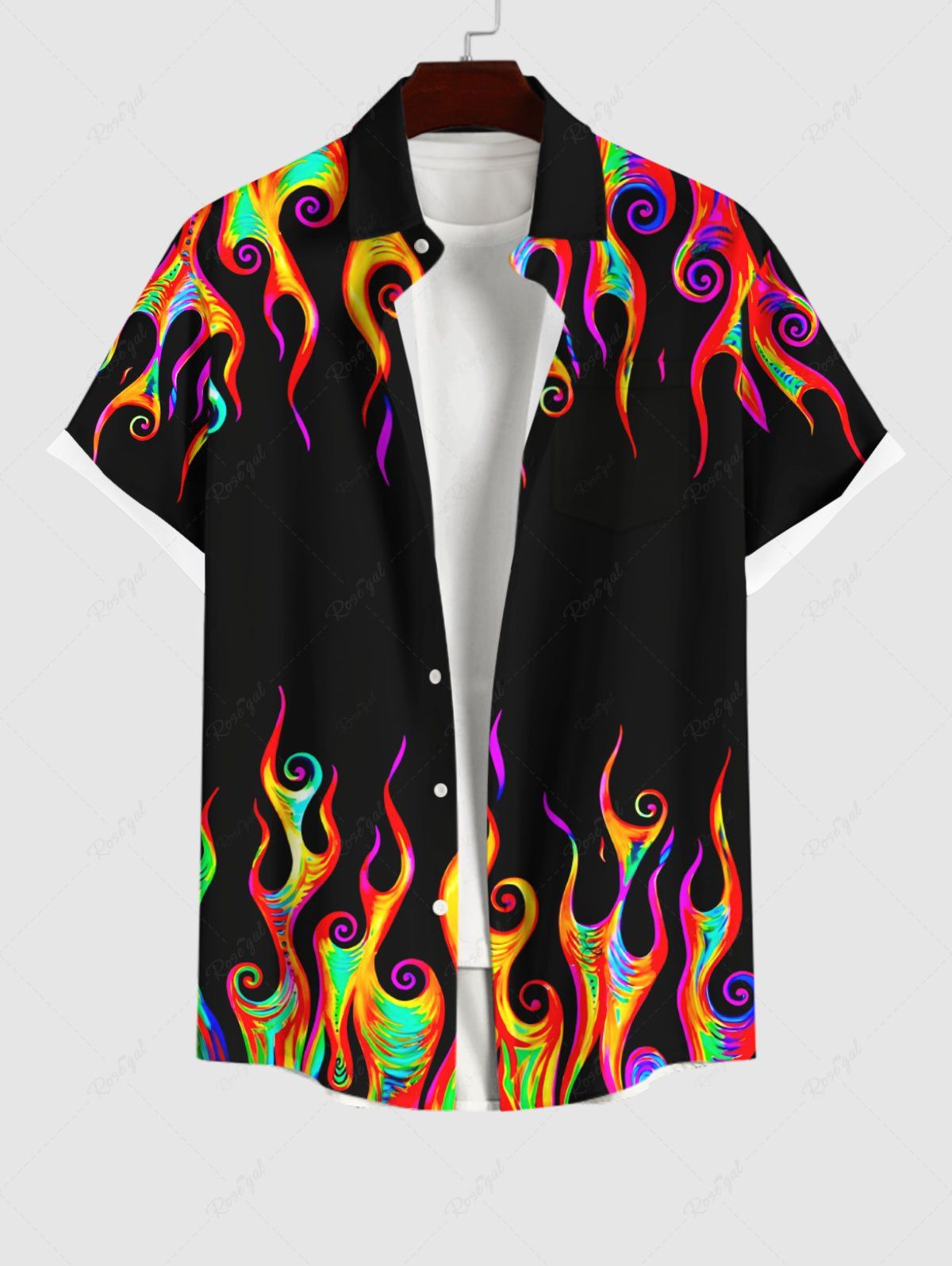 Buy Plus Size Colorful Fire Flame Print Halloween Button Pocket Shirt For Men  