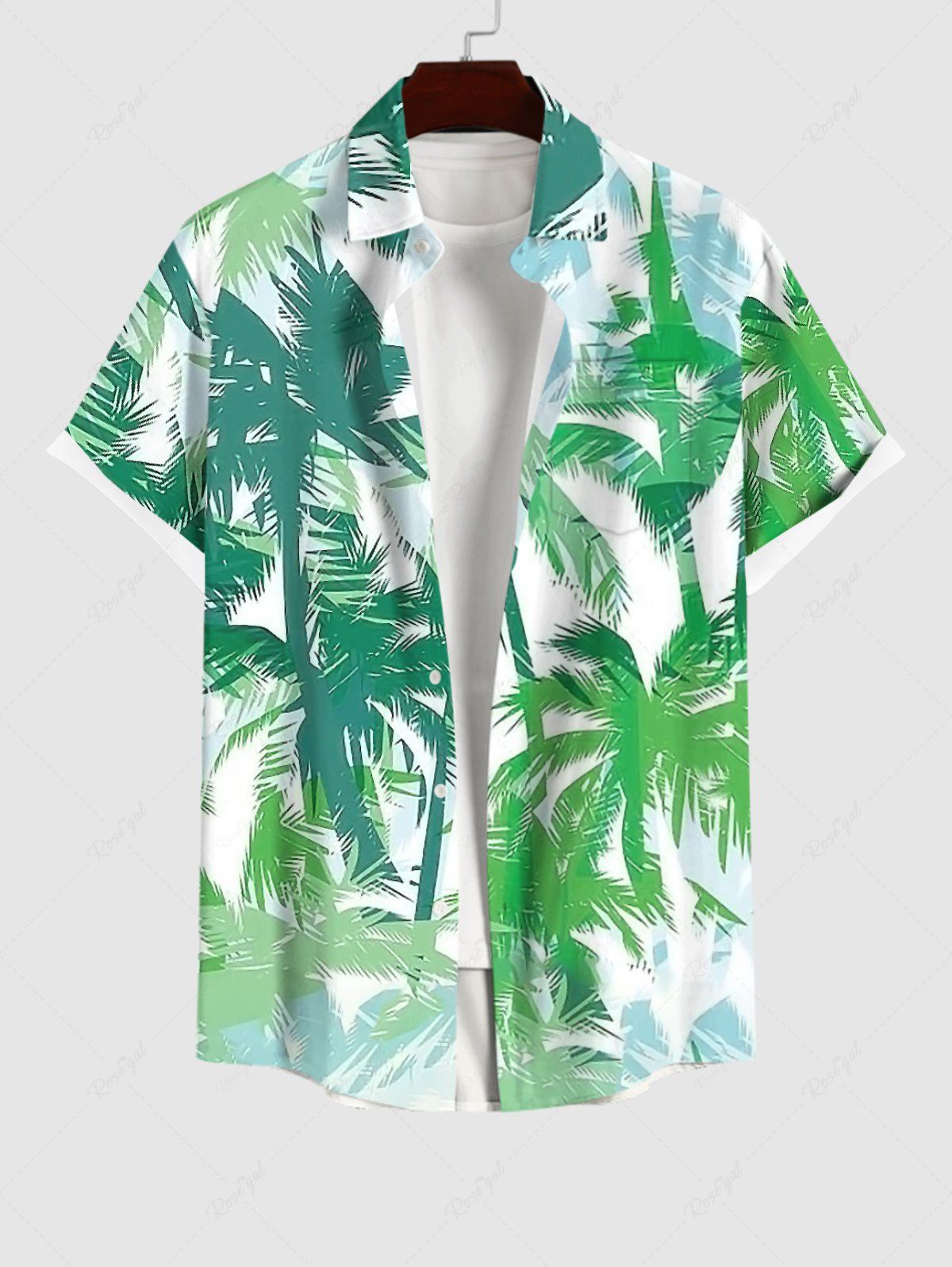 Sale Plus Size Tropical Coconut Tree Print Hawaii Button Pocket Shirt For Men  