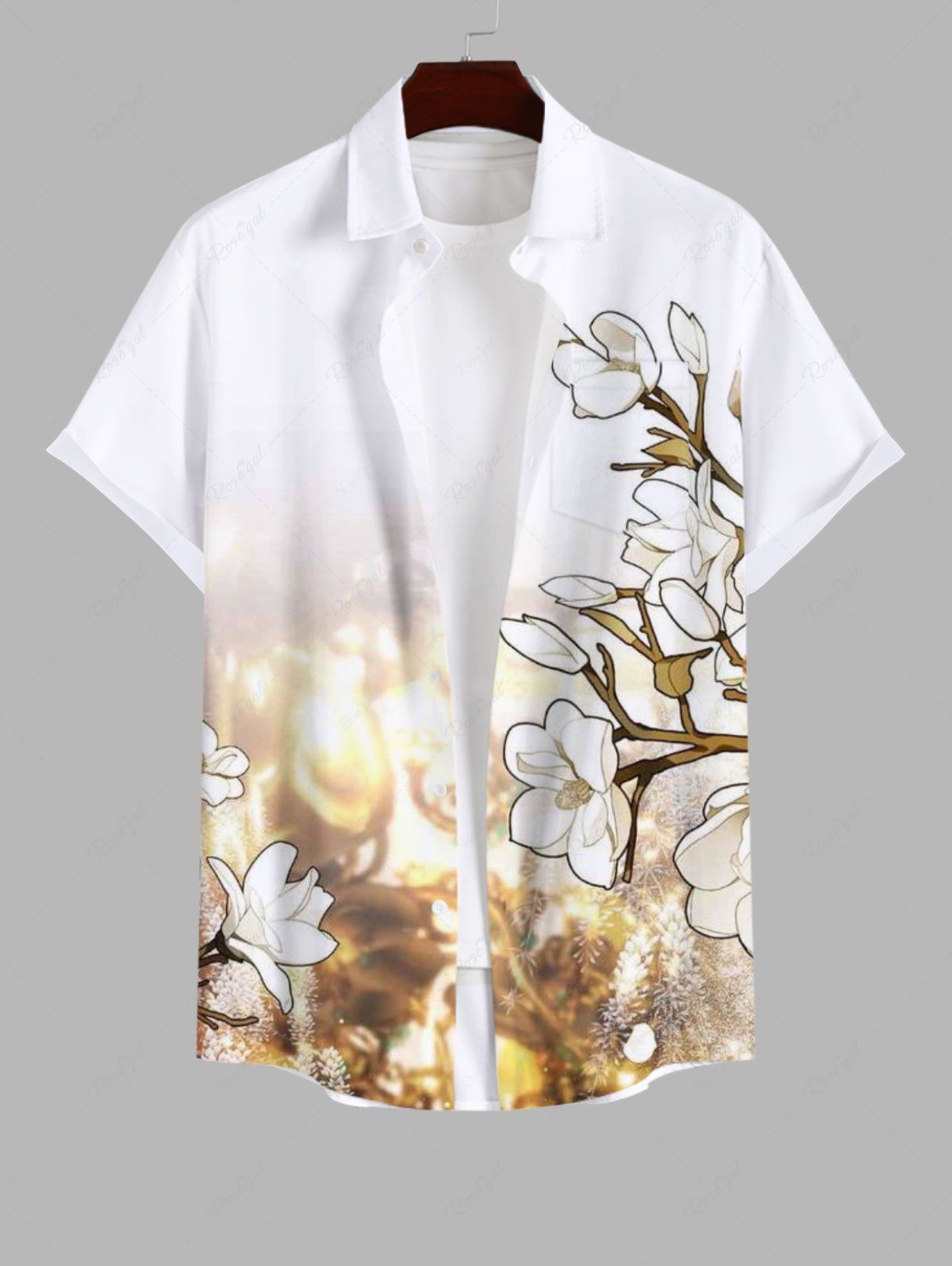 Chic Plus Size Glitter Ombre Halo Floral Print Hawaii Button Pocket Shirt For Men  