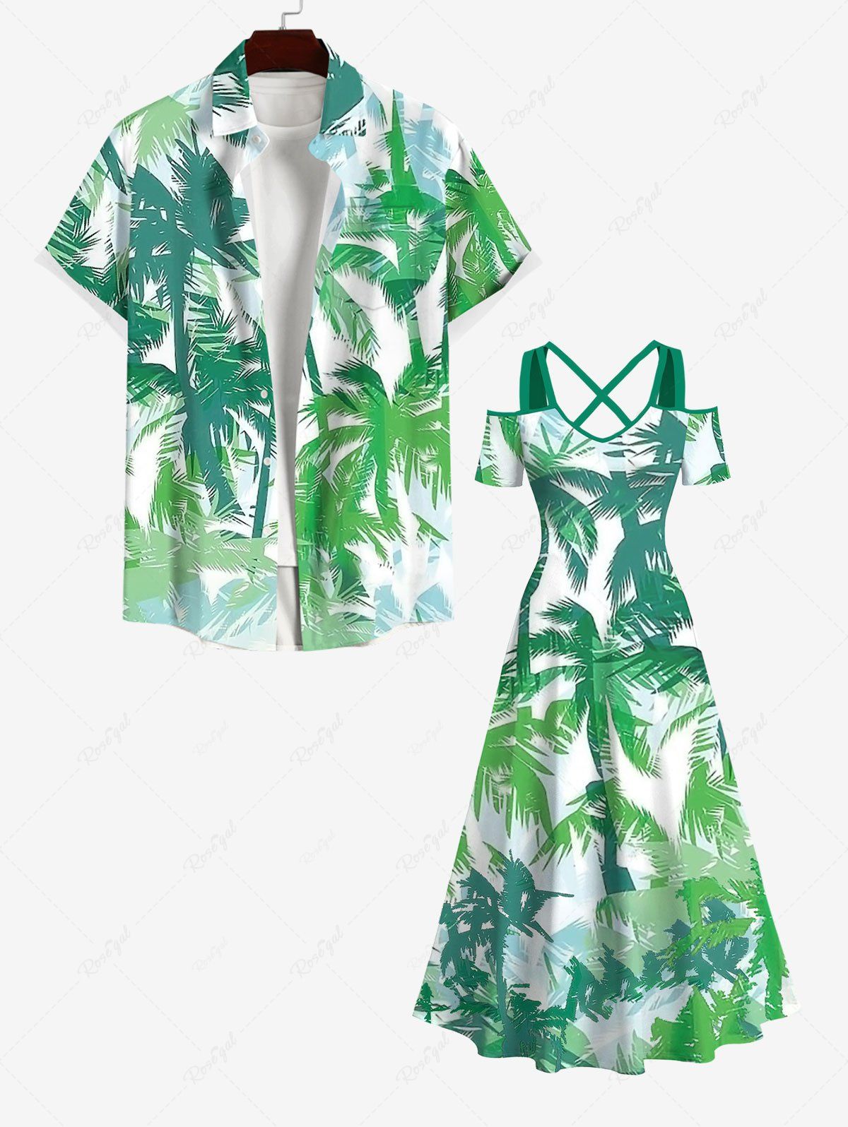 Online Tropical Coconut Tree Print Plus Size Matching Hawaii Beach Outfit For Couples  