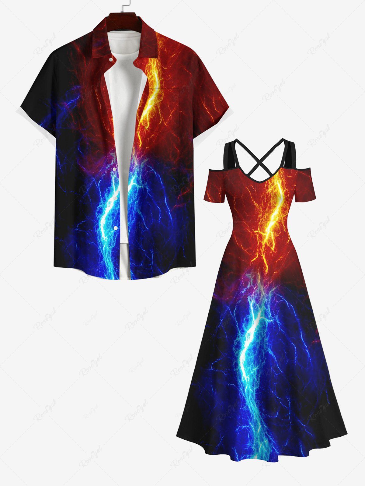 Outfits Glitter Lightning Print Plus Size Matching Hawaii Beach Outfit For Couples  