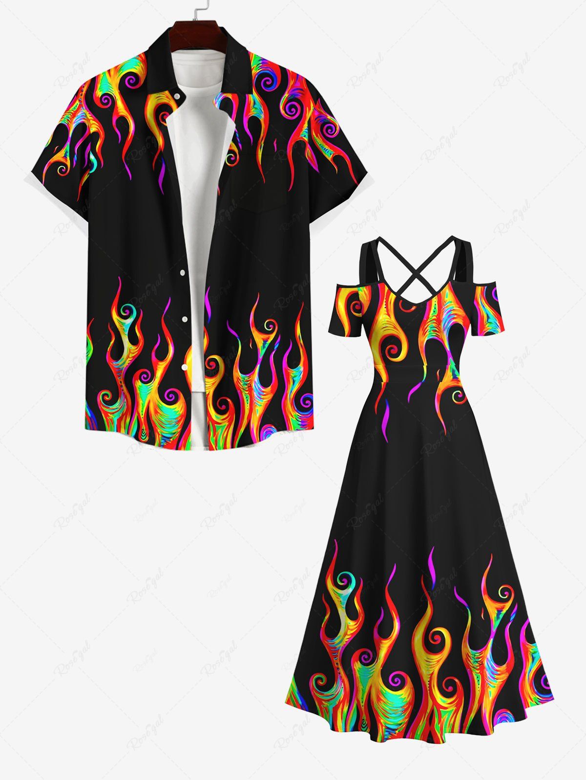 Ensemble Costume D'Halloween Imprimé Feu Coloré Grande Taille pour Couples Noir 