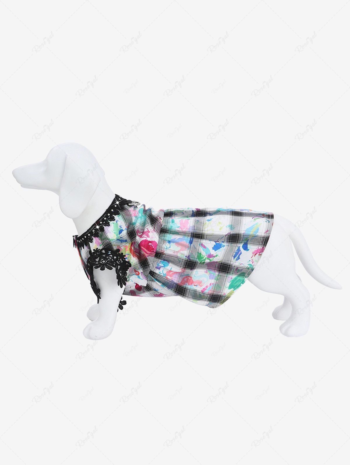 New Pet's Plaid Painting Graffiti Print Glitter Rivet Floral Crochet Trim Button Dress  