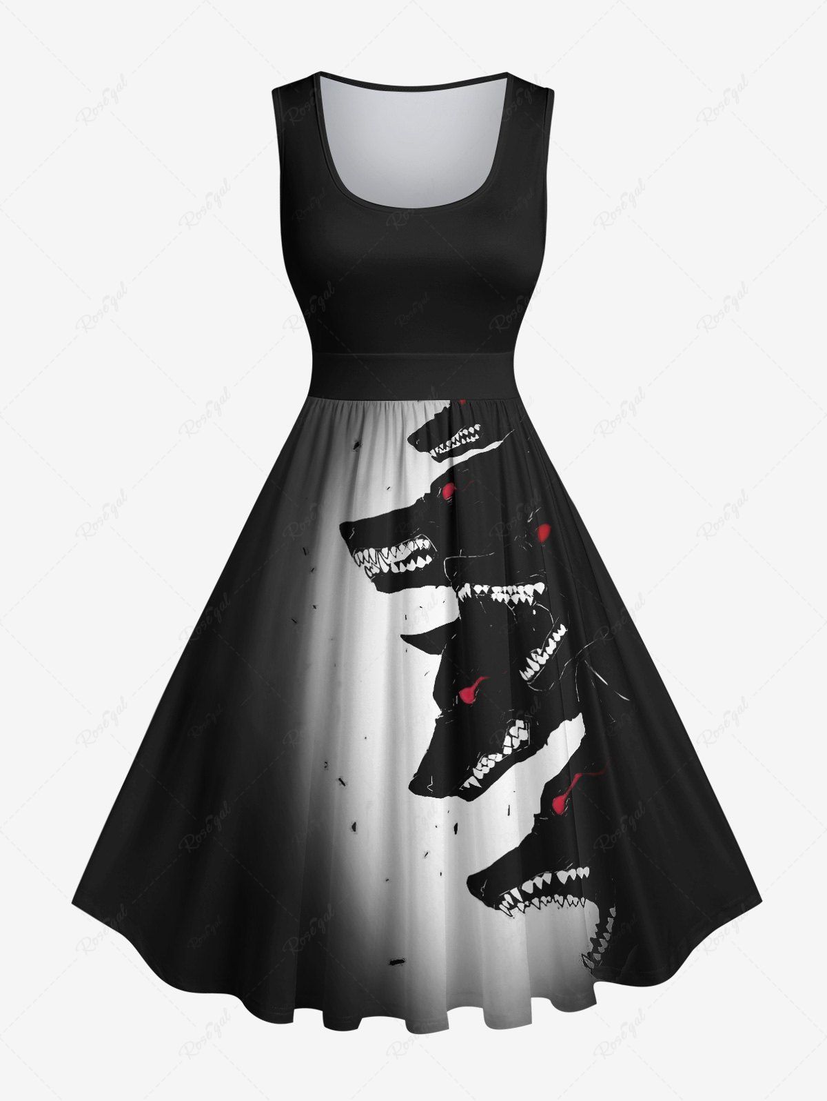 Discount Plus Size Wolf Print Halloween Costume Ombre Vintage Swing A Line Dress  