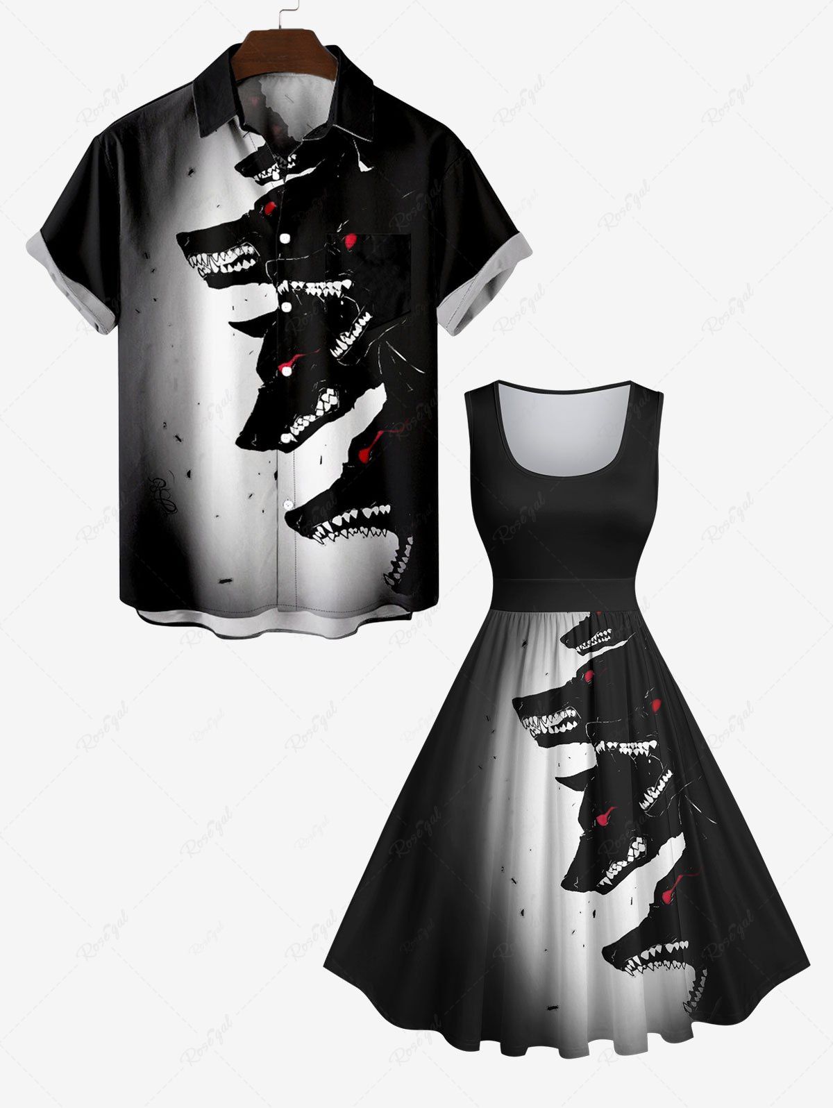 Ensemble Grande Taille Imprimé Costume de Loup D'Halloween pour Couples Noir 