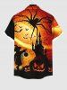 Plus Size Halloween Spider Web Bat Pumpkin Castle Wizard Print Buttons Pocket Shirt For Men -  