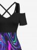 Plus Size Cold Shoulder Glitter Colorful Fluid Galaxy Psychedelic Waves Printed Hawaii Crisscross A Line Maxi Dress -  