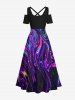 Plus Size Cold Shoulder Glitter Colorful Fluid Galaxy Psychedelic Waves Printed Hawaii Crisscross A Line Maxi Dress -  