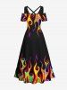 Plus Size Cold Shoulder Colorful Fire Flame Print Halloween Costume Crisscross A Line Maxi Dress -  