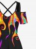 Plus Size Cold Shoulder Colorful Fire Flame Print Halloween Costume Crisscross A Line Maxi Dress -  