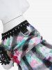 Pet's Plaid Painting Graffiti Print Glitter Rivet Floral Crochet Trim Button Dress -  