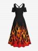 Plus Size Halloween Costume Fire Flame Print Cold Shoulder Crisscross Maxi Dress -  