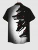 Plus Size Wolf Print Halloween Ombre Button Pocket Shirt For Men -  