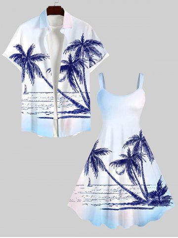 Hand Painted Coconut Tree Sun Sea Print Plus Size Matching Hawaii Beach Outfit For Couples - MULTI-A