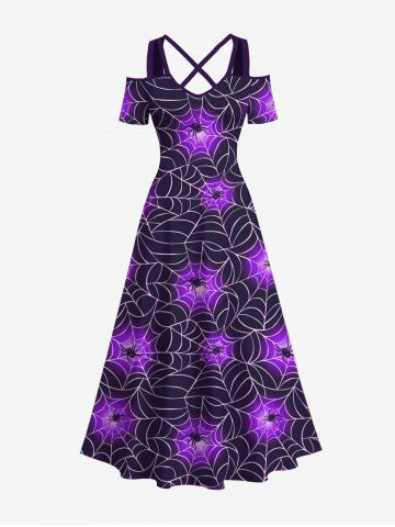 Plus Size Halloween Costume Spider Web Ombre Colorblock Print Cold Shoulder Crisscross Maxi Dress - PURPLE - M