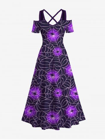 Plus Size Halloween Costume Spider Web Ombre Colorblock Print Cold Shoulder Crisscross Maxi Dress - PURPLE - 4X