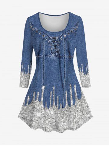 Plus Size Grommets Lace Up Sparkling Sequin Paint Drops Dnim 3D Print T-shirt - BLUE GRAY - XS