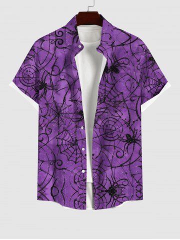 Plus Size Halloween Spider Web Print Buttons Pocket Shirt For Men - PURPLE - S