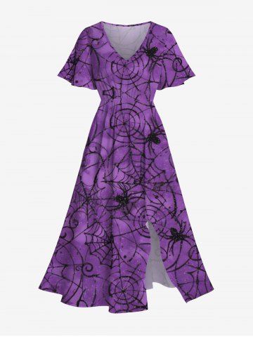 Plus Size Halloween Costume Spider Web Print Split Midi Dress - PURPLE - 1X